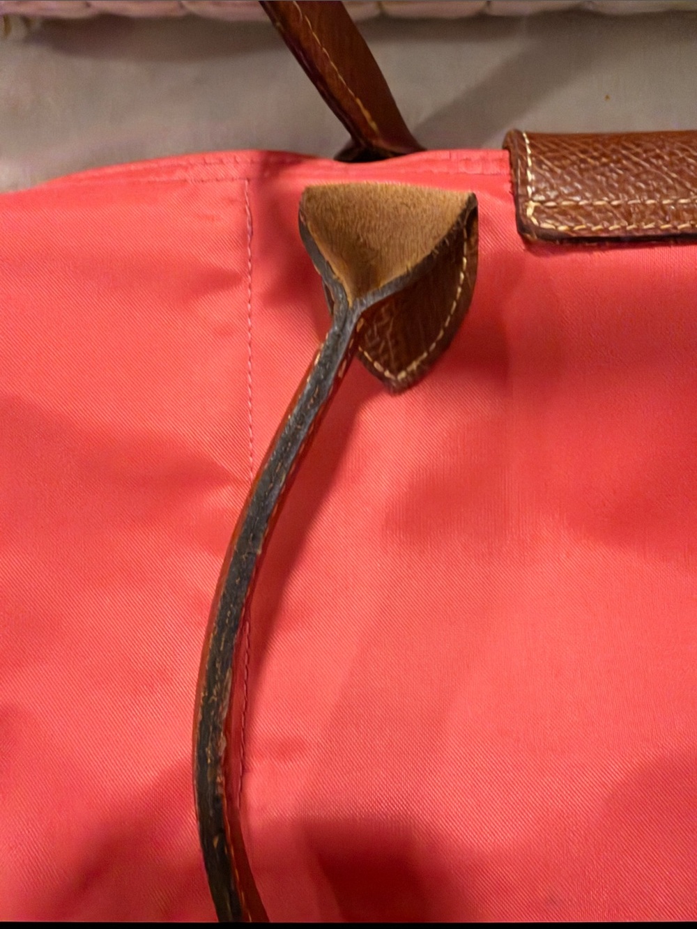 Longchamp Nylon Tote in Coral with Brown Trim - Picture 9 of 12